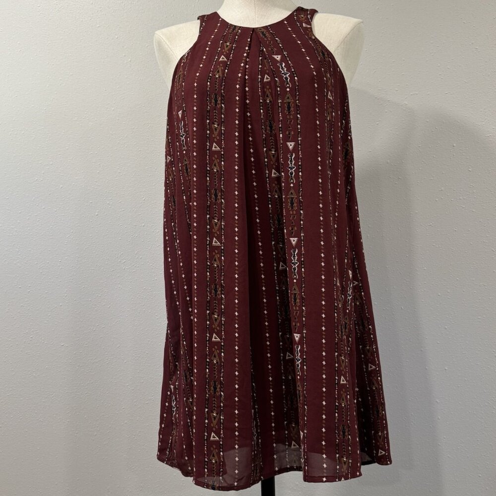 She+Sky Womens Mini Dress Burgundy Scoop Neck Sleeveless Lined Aztec Size Small